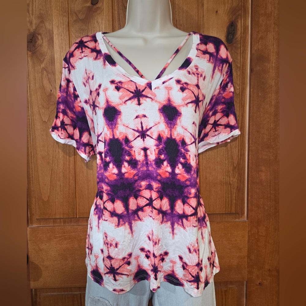 Rock & Republic Purple and Pink Tie-Dye V-Neck Top with Strap Detail